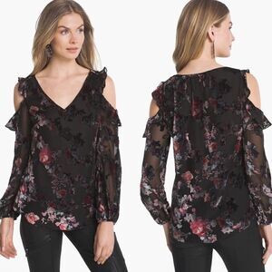 White House Black Market Sz 6 Floral Velvet Burnout Cold-Shoulder Blouse